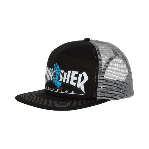 Santa Cruz X Thrasher Screaming Logo Mesh Trucker High Profile Hat Black/Grey