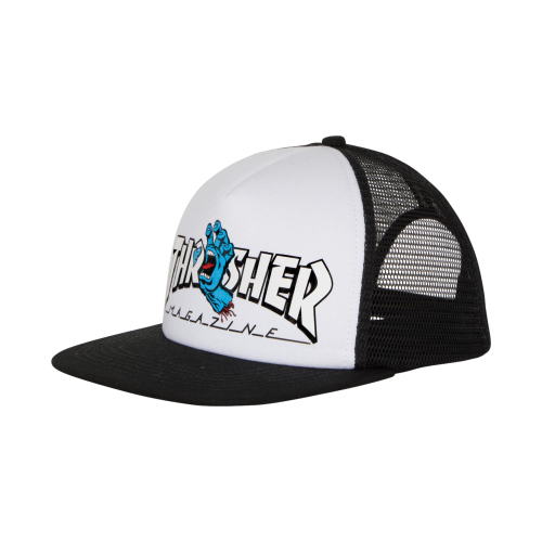 Santa Cruz X Thrasher Screaming Logo Mesh Trucker High Profile Hat White/Black