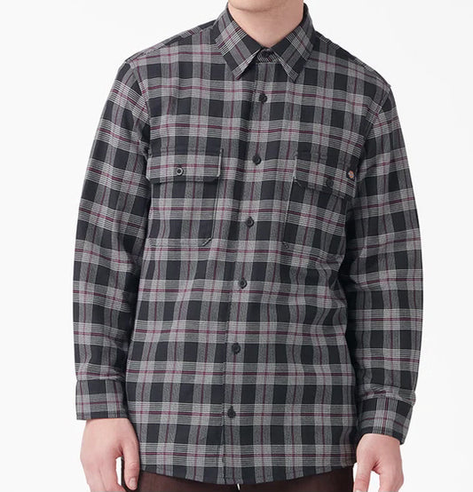 DICKIES FLEX REGULAR FIT FLANNEL SHIRT WINE BLACK PLAID - MEDIUM