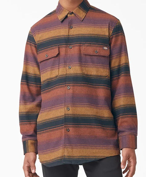 DICKIES FLEX REGULAR FIT FLANNEL SHIRT WINE BLANKET STRIPE